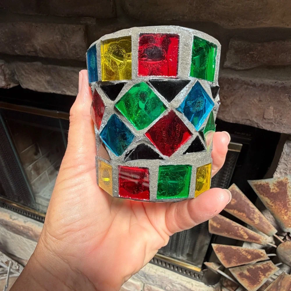 KIG Mosaic Glass Votive Candle Holders Set of 2 Multicolored Stained Glass Style